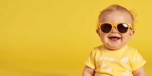 bimbo sorridente con occhiali da sole