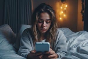 ragazza triste con cellulare al buio sul letto